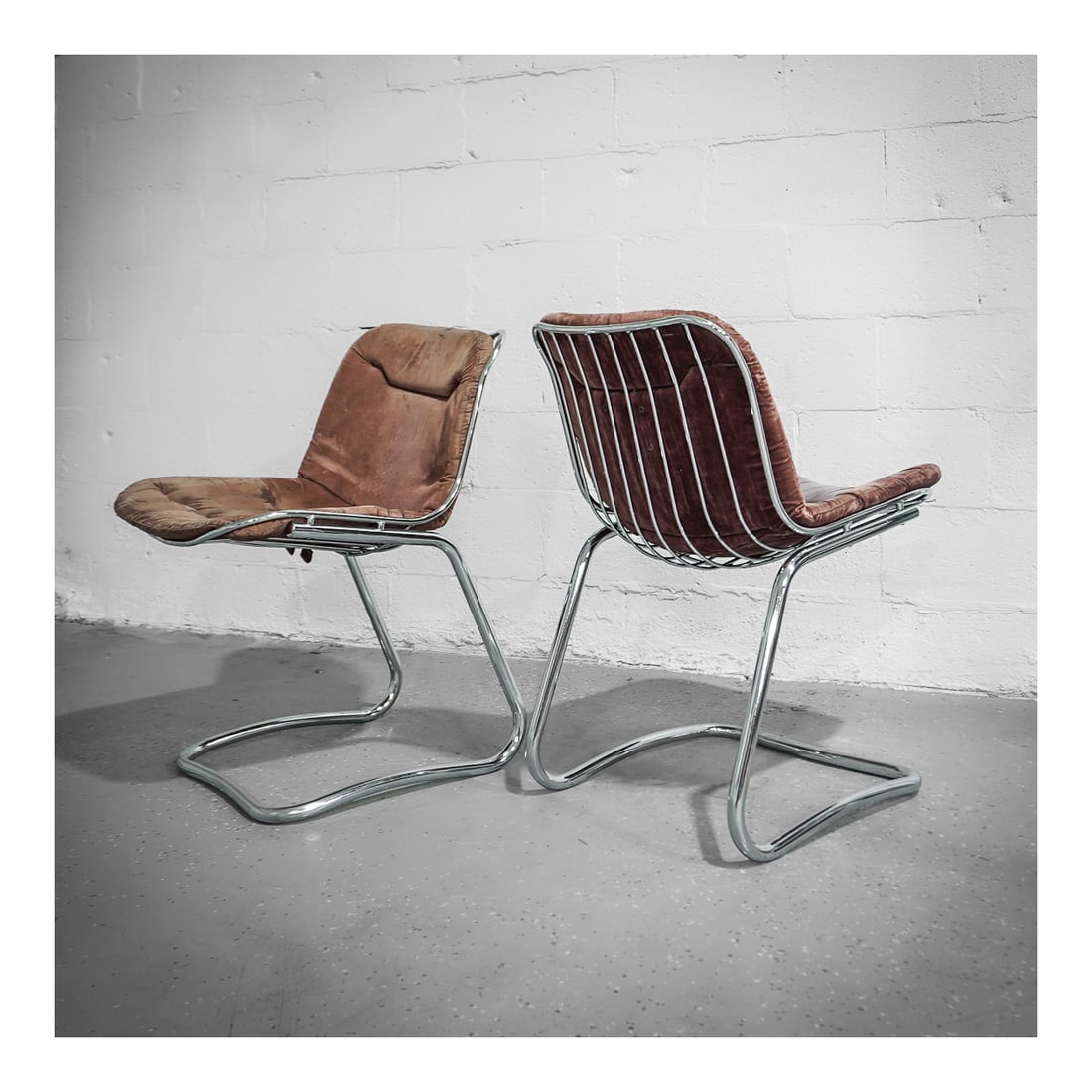 Pair of Gastone Rinaldi (Italian, 1920-2006) Chocolate Velour and Chrome Chairs: Pair of Gastone Rinaldi (Italian, 1920-2006) Chocolate Velour and Chrome Chairscirca 1970s, ItalianA pair of chrome frame and chocolate colored velour fabric chairs by Gastone Rinaldi (Italian, b. 192