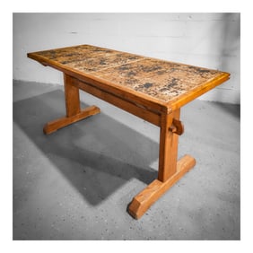 Vintage Ceramic and Wood Trestle Form Dining Table