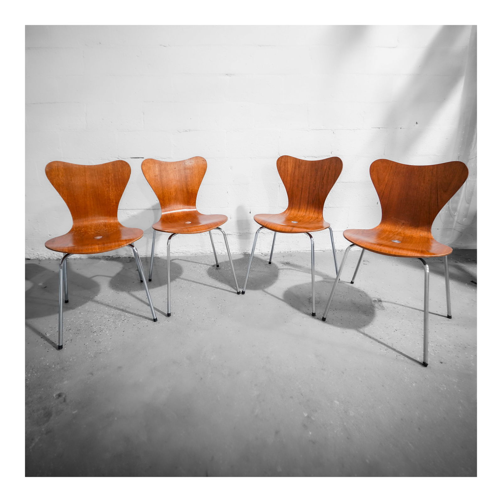 (4 pcs) Arne Jacobsen (Danish, 1902-1971) "Ant" Plywood and Chrome Chairs: (4 pcs) Arne Jacobsen (Danish, 1902-1971) "Ant" Plywood and Chrome Chairscirca 1960s, DenmarkA set of four plywood and chrome steel chairs in the "Ant" design by Arne Jacobsen (Danish, b. 1902 d. 1971