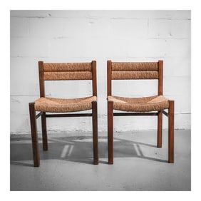 Pair of Pierre Gautier-Delaye (French, 1923-2006) Woven Straw and Wood Chairs