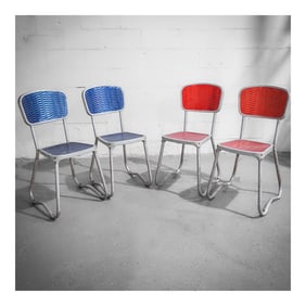 (4 pcs) Gaston Viort (French, 20th century) Aluminum Bistro Chairs in Red & Blue