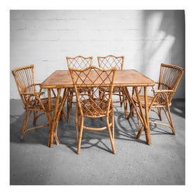 (6 pcs) Vintage Mismatched Bamboo and Rattan Dining Set