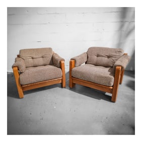 Pair of Maison Regain Wood Tufted Tweed Armchairs
