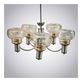 Postmodern Smoked Glass and Chrome 5-Arm Chandelier