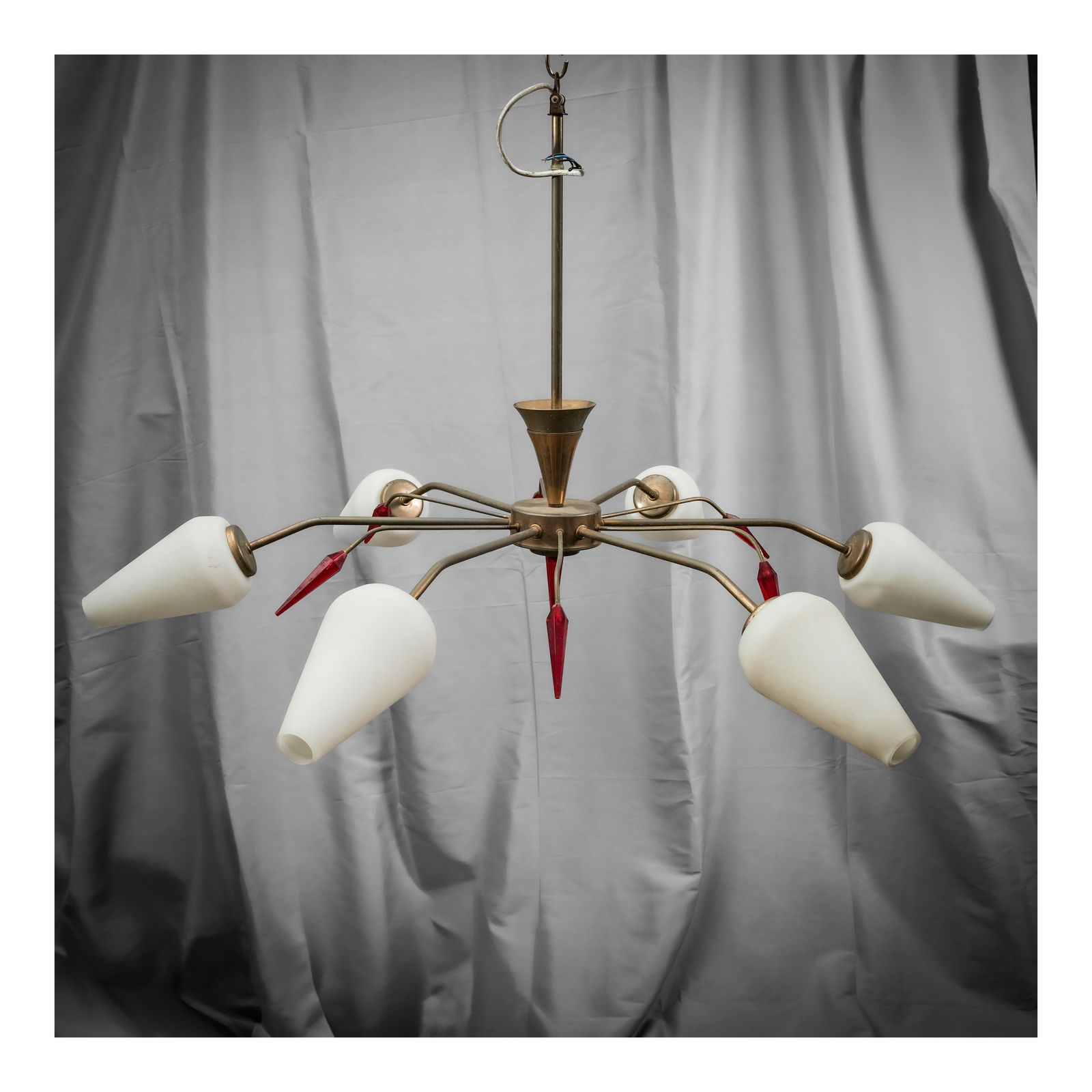 Maison Arlus 6-Arm Chandelier w/ Opaline Light Covers & Crystal Detail: Maison Arlus 6-Arm Chandelier w/ Opaline Light Covers & Crystal Detailcirca 1950s, FrenchA mid-century modern Maison Arlus six-arm chandelier w/ opaline conical light covers and crystal detailing.H 19