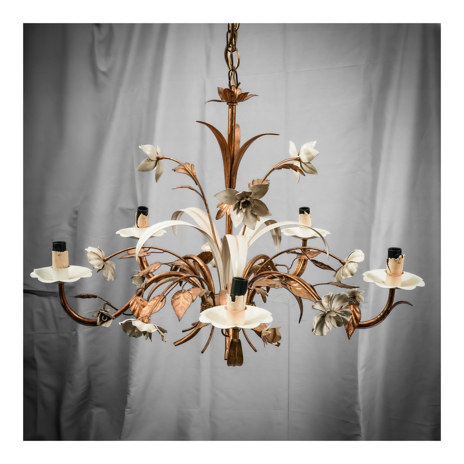 Vintage Italian Five-Arm Gilt Floral Chandelier: Vintage Italian Five-Arm Gilt Floral Chandeliercirca 1960s, ItalianA vintage Italian five-arm chandelier with gilt metal construction and white floral accents throughout.H 20" Diameter 26 1/2"