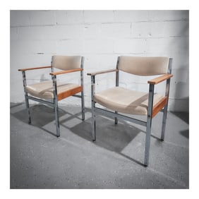 Pair of Thereca Leather and Wood Office Armchairs