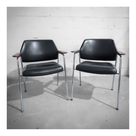 Pair of MCM Italian Vinyl, Wood, Chrome Armchairs
