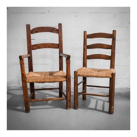 (2 pcs) Aubry Gaspard French Rustic Woven Straw and Wood Chairs