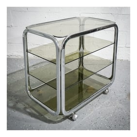Vintage Smoked Glass and Chrome Rolling Trolley