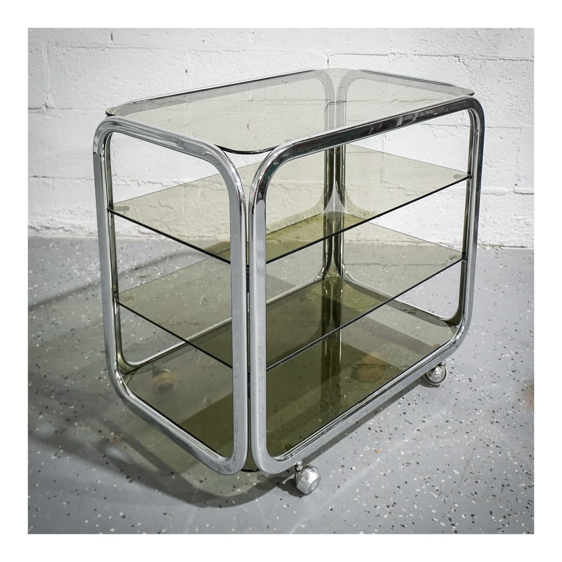Vintage Smoked Glass and Chrome Rolling Trolley (1 of 6)