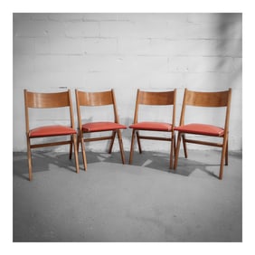 (4 pcs) Vintage Red Upholstered Wooden Chairs w/ Compass Legs