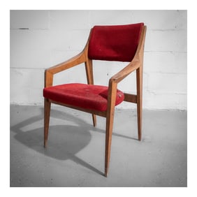 Mid Century Scandinavian Wooden Armchair w/ Red Upholstery