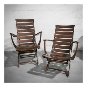 Pair of Swedish Mid Century Däckstolar Wood Reclining Chairs