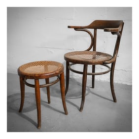 Antique Thonet Style Bentwood Armchair and Stool
