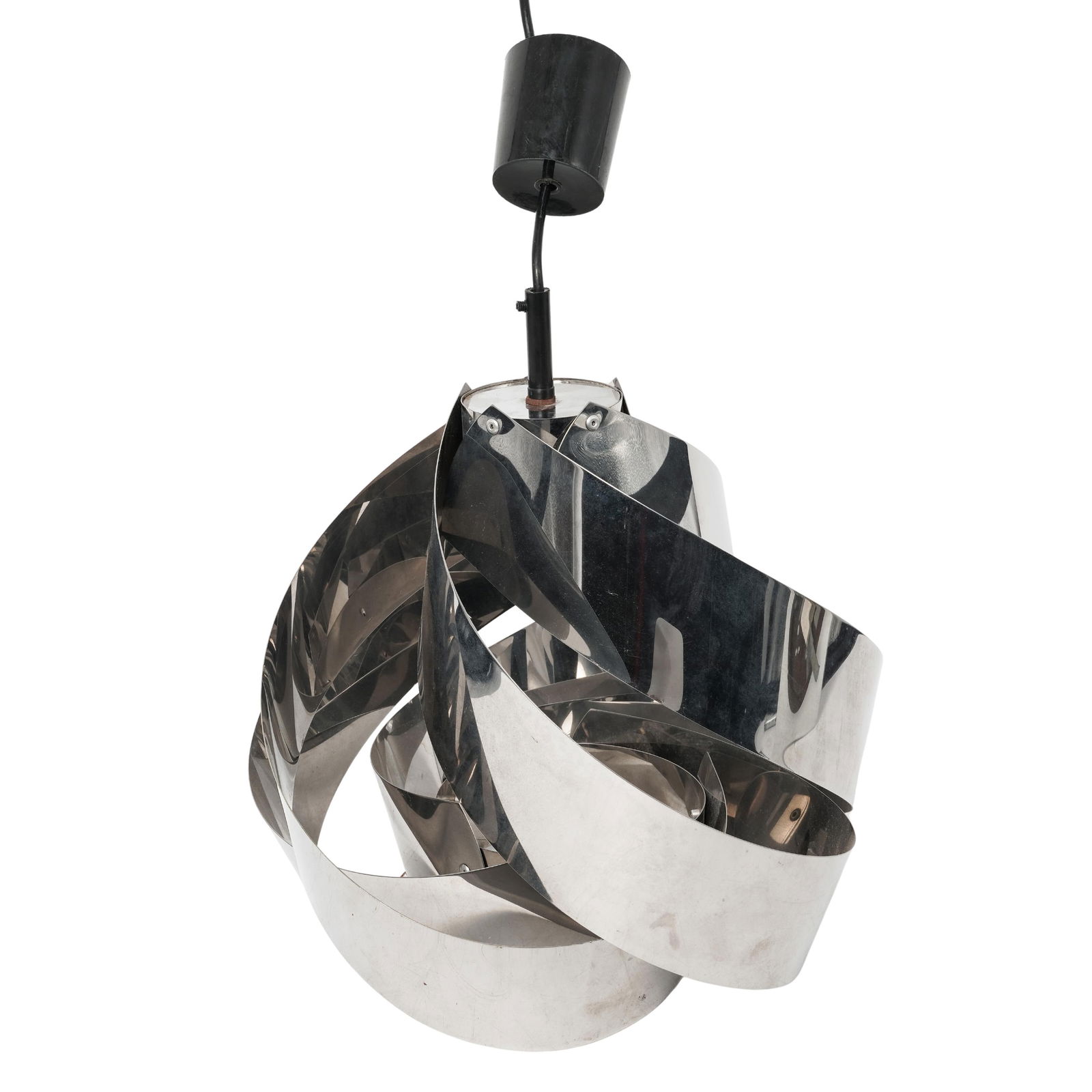 Max Sauze (French, b. 1933) Chrome Ribbon Chandelier: Max Sauze (French, b. 1933) Chrome Ribbon ChandelierMid to late 20th Cent .FranceSculptural chrome ribbon chandelier, crafted from interlaced reflective metal strips that form a dynamic geometric shad