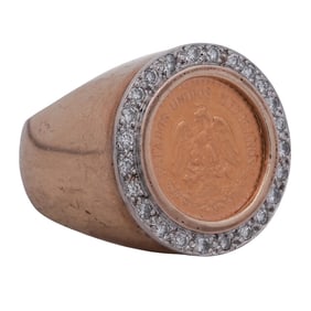 14k Gold Russian 1949 Coin and Diamond Inset Ring