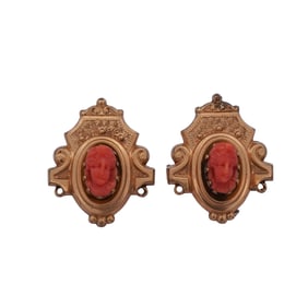 Pair Antique 14k Gold and Coral Cameo Earrings