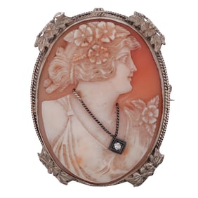 Victorian 14k White Gold and Shell Cameo Brooch w/ Natural Diamond Inset
