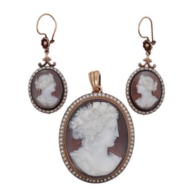(3 pcs) Antique 14k Gold Carved Shell Cameo Jewelry Set