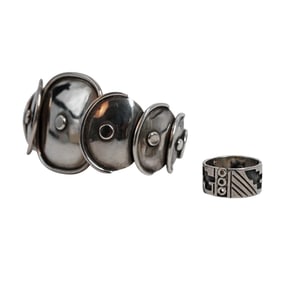 (2 pcs) Vintage Mexican Taxco Sterling Silver Cuff and Ring