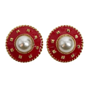 Pair Vintage Chanel Pearl and Enameled Gold Tone Earrings