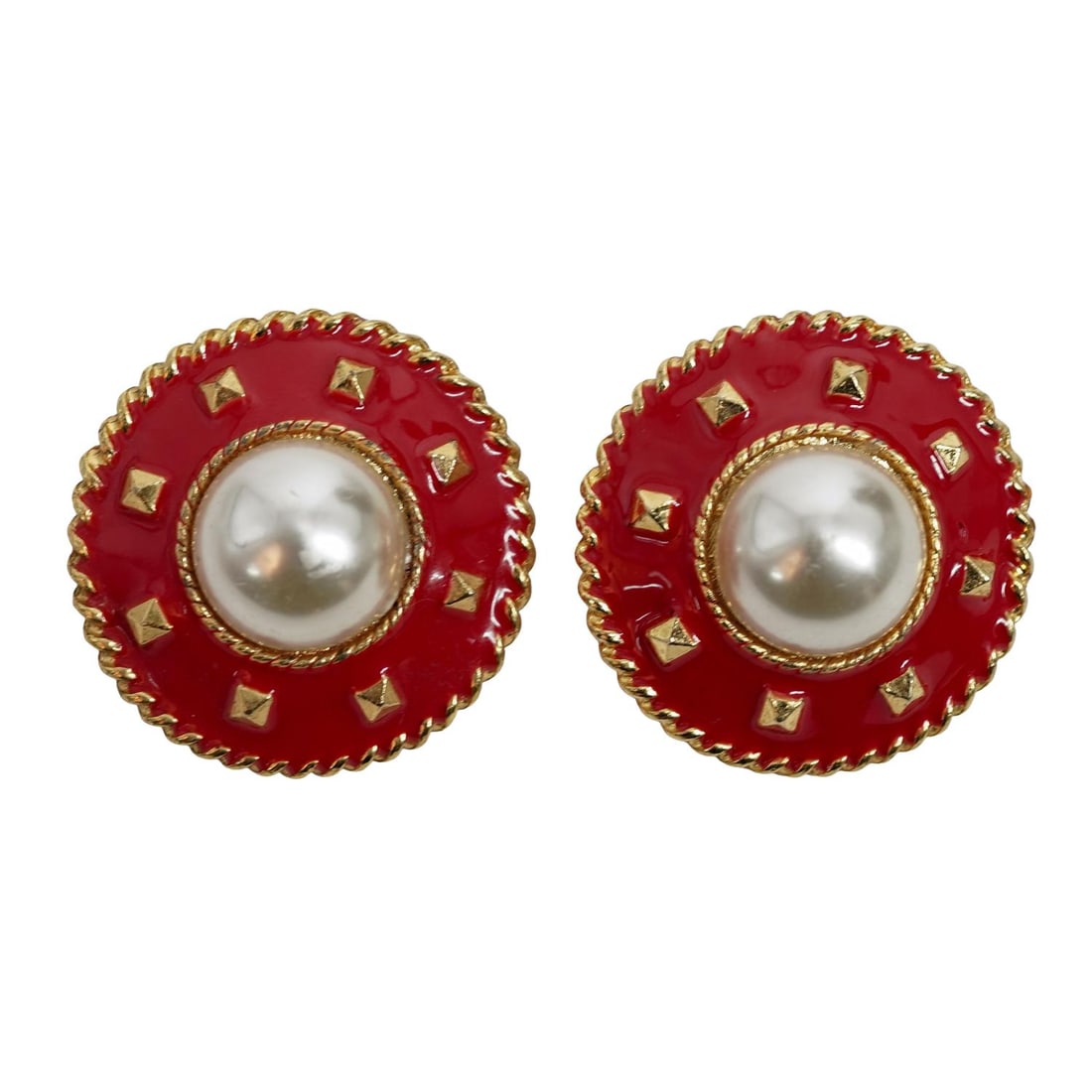 Pair Vintage Chanel Pearl and Enameled Gold Tone Earrings (1 of 5)