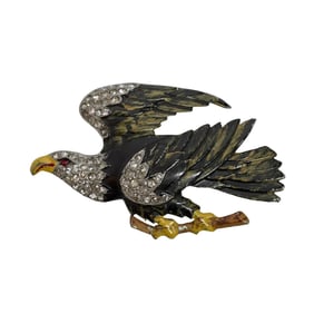 Vintage WWII Rhinestone and Enameled Silver Plated Eagle Brooch