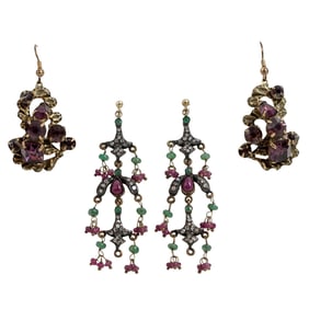 (4 pcs) Vintage Bronze Tone and Gemstone Earrings