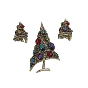 (3 pcs) Weiss Gold Plated Christmas Tree Brooch & Earrings