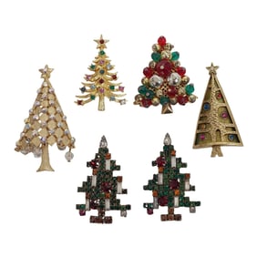 (6 pcs) Vintage Gold Plated & Metal Christmas Tree Brooches; Weiss, Mylu, Art