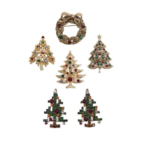 (6 pcs) Vintage Christmas Gold Plated and Stone Brooches, Weiss & Others