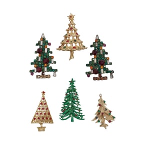 (6 pcs) Vintage Gold Plated Stone Christmas Tree Brooches; Mylu, Weiss, Trifari