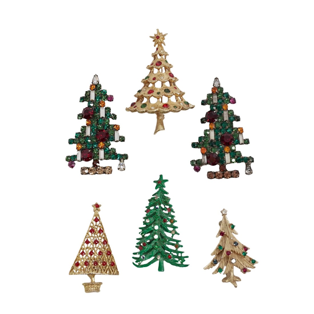 (6 pcs) Vintage Gold Plated Stone Christmas Tree Brooches; Mylu, Weiss, Trifari (1 of 7)
