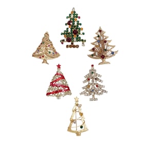 (6 pcs) Vintage Weiss & Others Rhinestone Christmas Tree Brooches