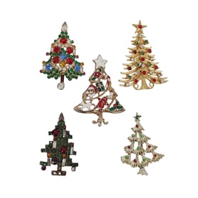 (5 pcs) Vintage American Gold Plated Christmas Tree Brooches; Weiss, Mylu, Warner