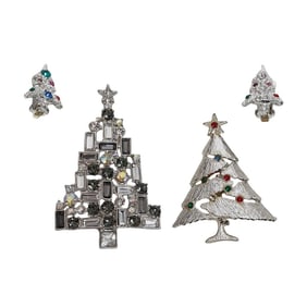 (4 pcs) Vintage Silver Christmas Tree Jewelry; Brooches, Dodd's Earrings
