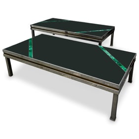 Pair of Designer Chrome, Glass, & Malachite Inlaid Coffee Tables