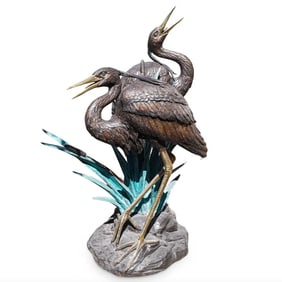 Monumental Bronze Garden Fountain Heron Nature Scene