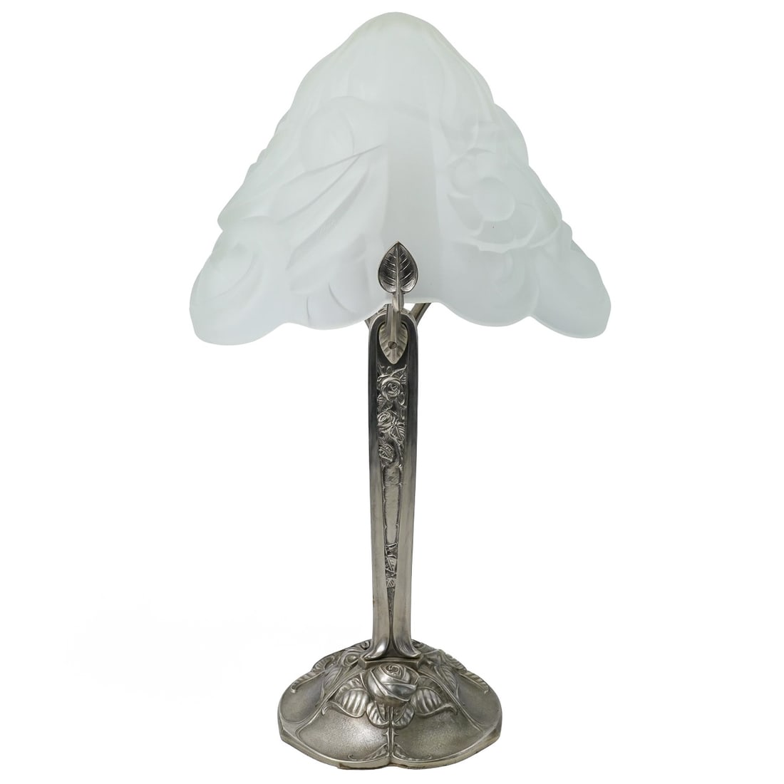 French Art Deco Nickel Plated and Glass Table Lamp: French Art Deco Nickel Plated and Glass Table LampEarly 20th century, FranceVintage French Art Deco Table Lamp with a frosted glass shade and nickel-plated cast iron base featuring a floral pattern. M