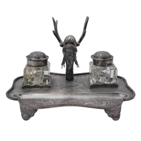 Antique Chinese Sterling Silver & Crystal Dragon Inkstand