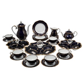 (30 pcs) Reichenbach German Porcelain Cobalt Blue Floral and Gilt Coffee Service