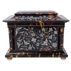 Antique Tortoise-Hued and Mother of Pearl Floral Inlay Tea Caddy
