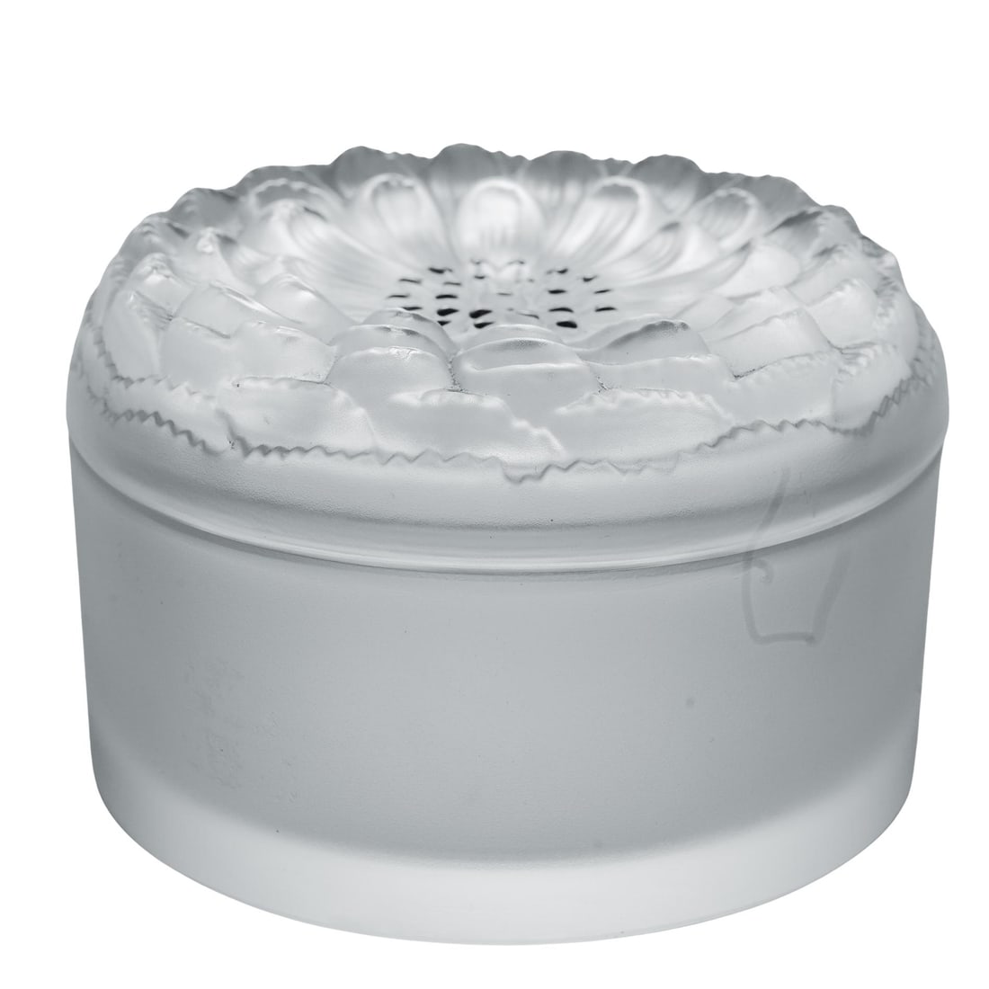 Lalique "Dahlia" Frosted Crystal Powder Box: Lalique "Dahlia" Frosted Crystal Powder BoxMid 20th Cent. FranceFrosted crystal powder jar by Lalique France, featuring a molded floral lid and smooth satin frosted body. Signed "Lalique France" on th