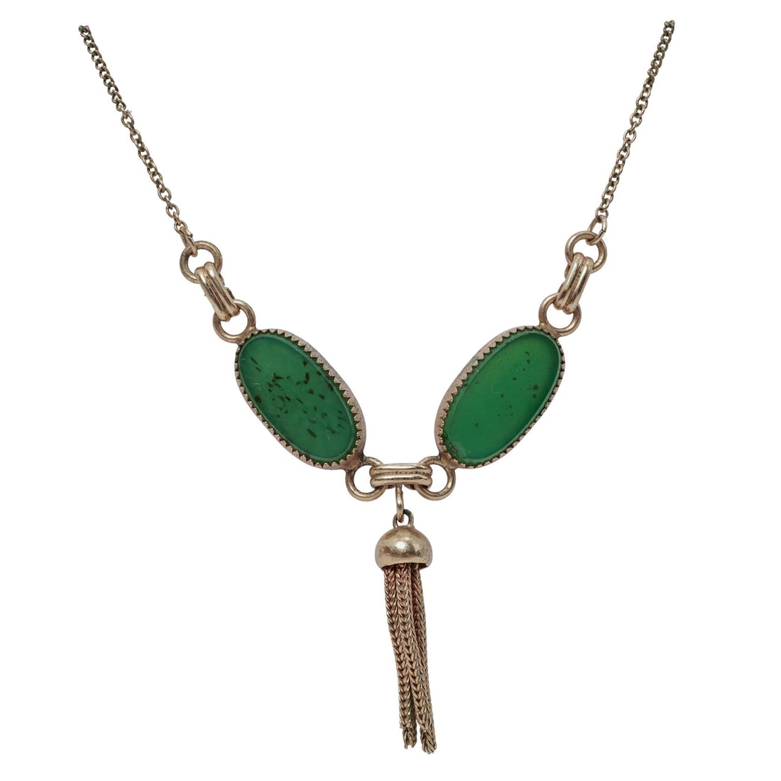 A Micallef and Co. 14k Gold Filled and Nephrite Jade Necklace: A Micallef and Co. 14k Gold Filled and Nephrite Jade Necklace20th century, USAAMco. (American, A Micallef and Co. established 1919 by Arthur Micallef) 14k gold filled and nephrite jade necklace. Marke