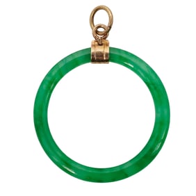 Chinese 14k Gold Apple Green Jade Ring Pendant