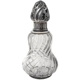 Antique Silver Mounted Swirl Cut Crystal Perfume Bottle