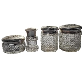 (4pc) Antique Sterling Silver Cut Glass Vanity Jar Group