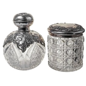 (2pc) Antique Sterling Silver Cut Glass Jar And Perfume Bottle