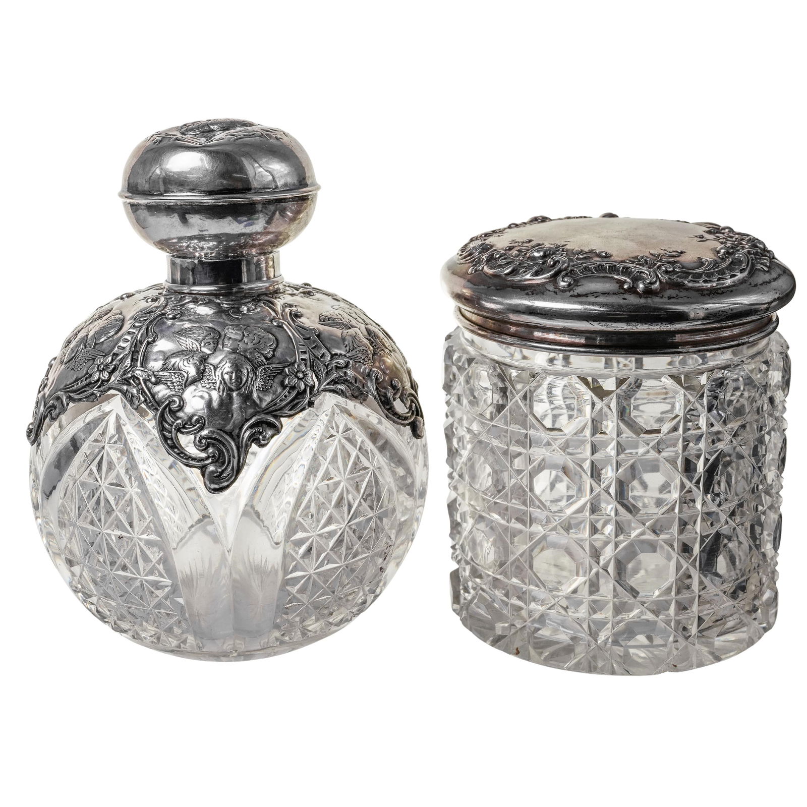 (2pc) Antique Sterling Silver Cut Glass Jar And Perfume Bottle (1 of 8)